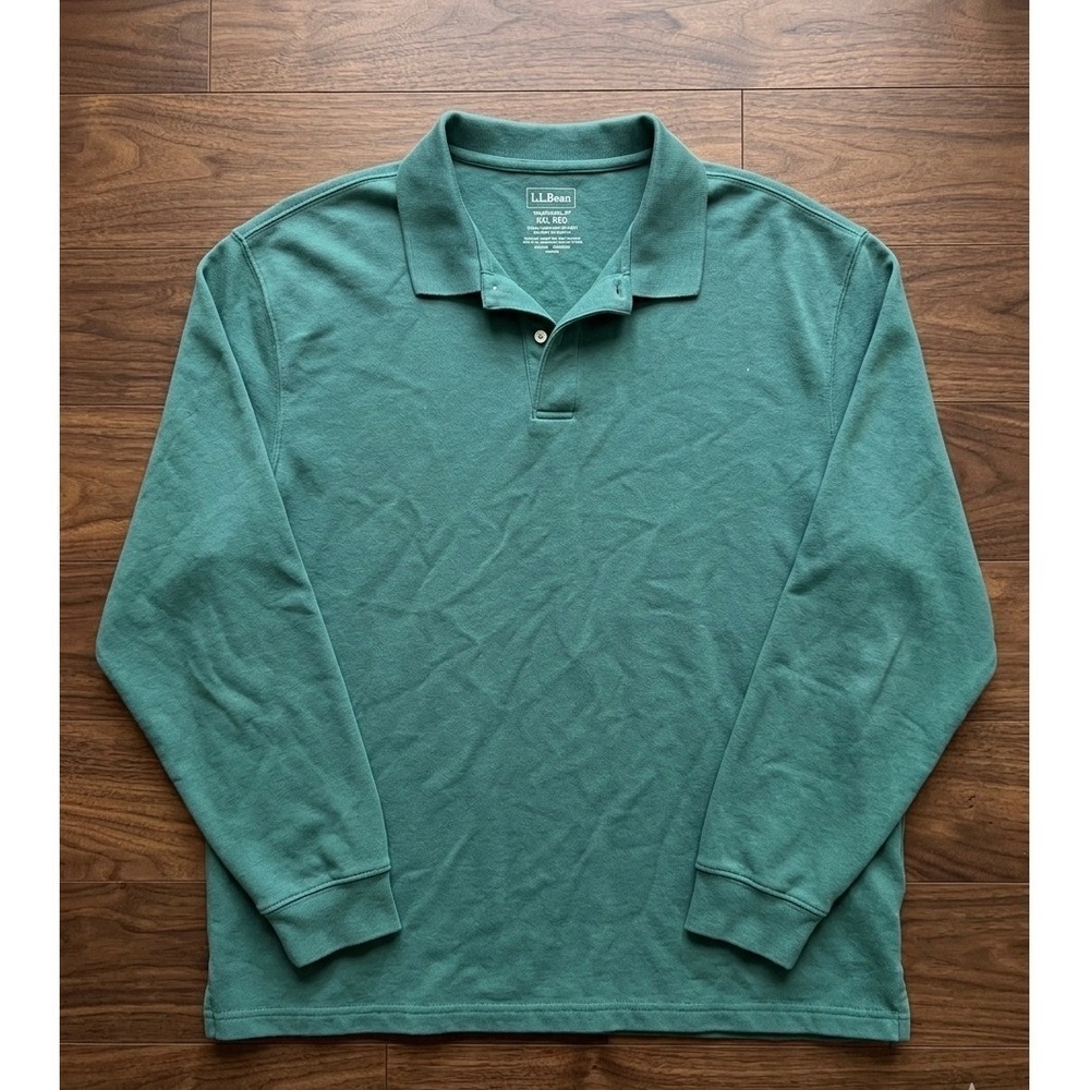 L.L. Bean Men's XXL Regular Green Premium Double L Long Sleeve Polo Shirt